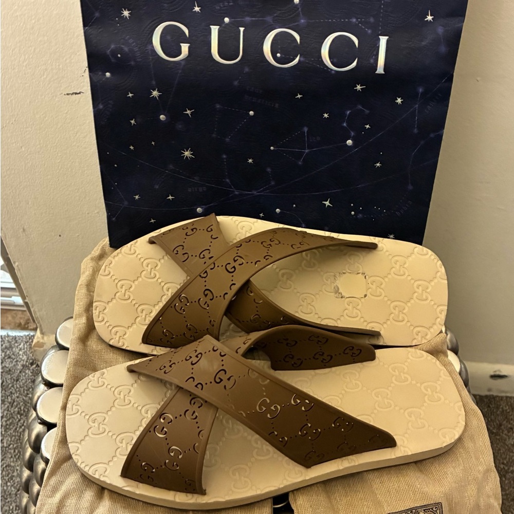 Gucci Beige and Dark Brown Slide Sandals